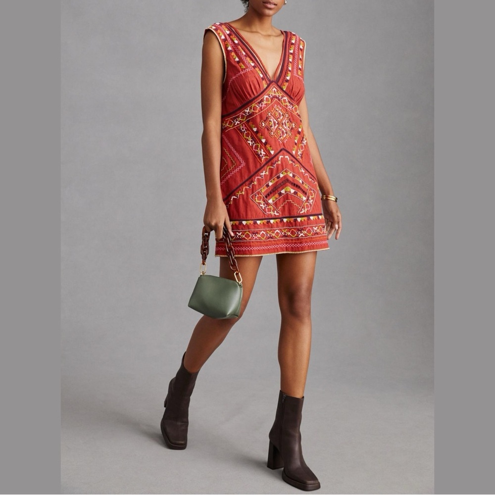 Anthropologie Embroidered Statement Mini Dress Light Red Large NWT - Picture 3 of 17